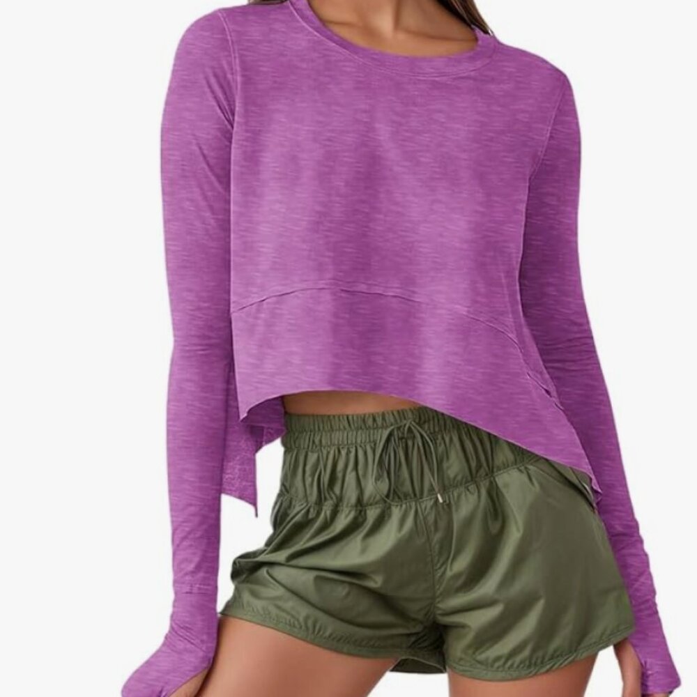 Aurgelmir XXL Womens Long Sleeve Crop Tops Loose Athletic T-Shirts Flowy Purple